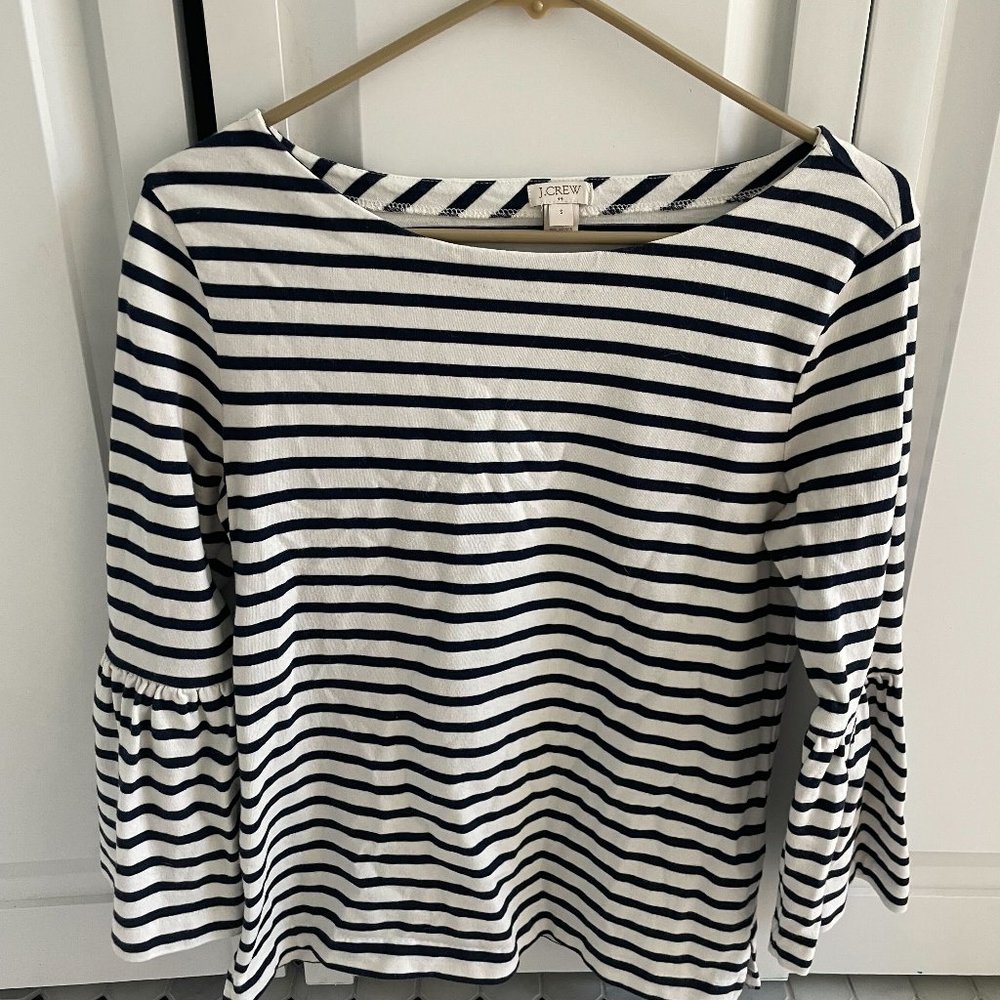 J. Crew Navy and White Strip Bell Sleeve Top in Small